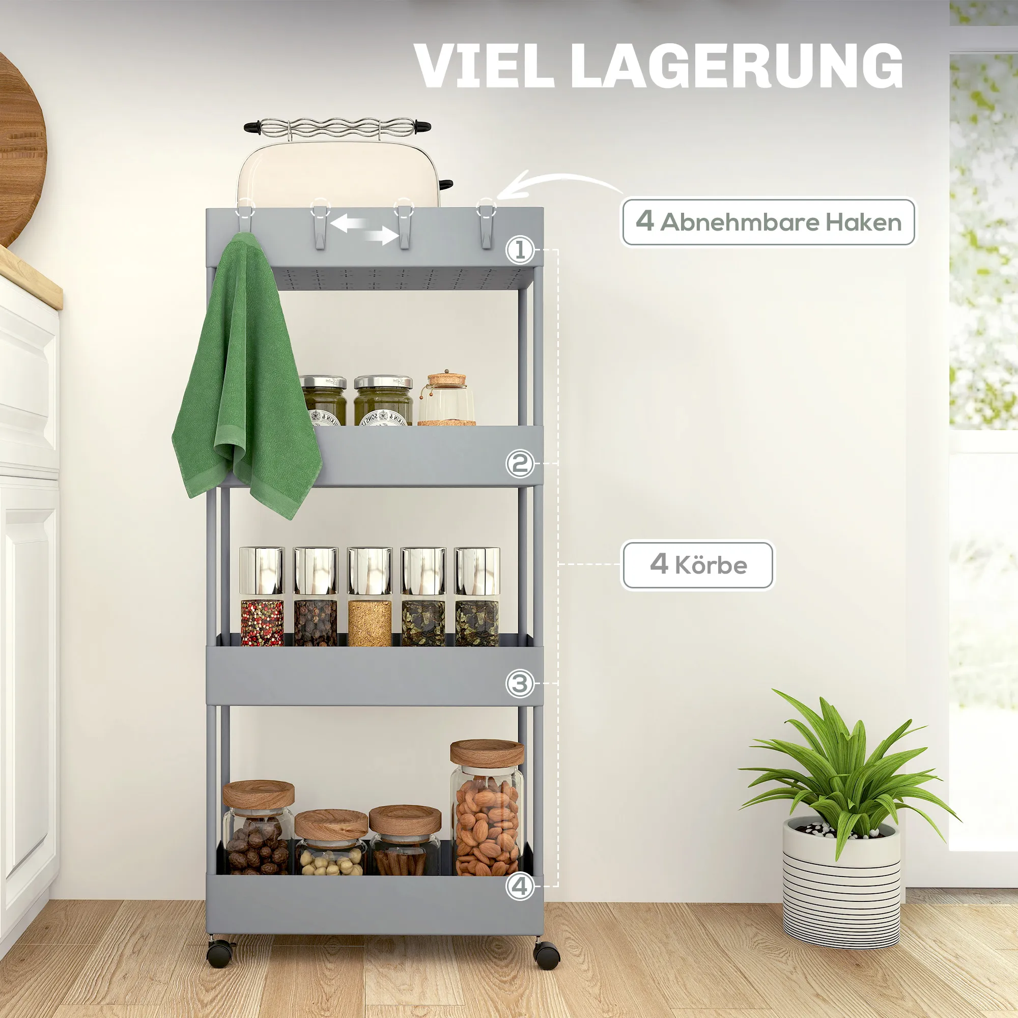 TRUUSK Rolwagen met 4 Niveaus – Opbergrek op Wielen met Remmen – Serveerwagen voor Keuken en Woonkamer – Grijs – 40 x 19 x 90 cm - Afbeelding 5