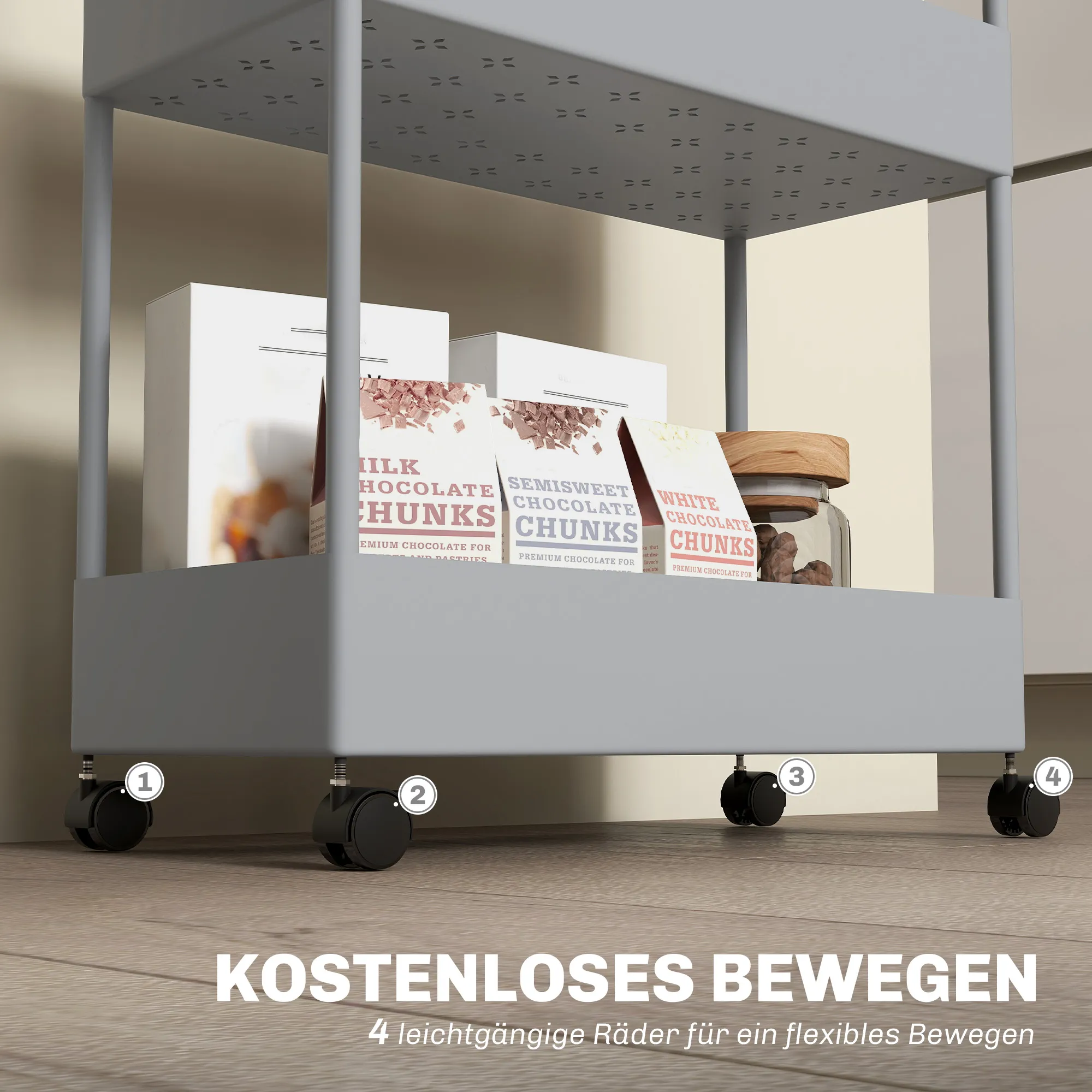 TRUUSK Rolwagen met 4 Niveaus – Opbergrek op Wielen met Remmen – Serveerwagen voor Keuken en Woonkamer – Grijs – 40 x 19 x 90 cm - Afbeelding 6