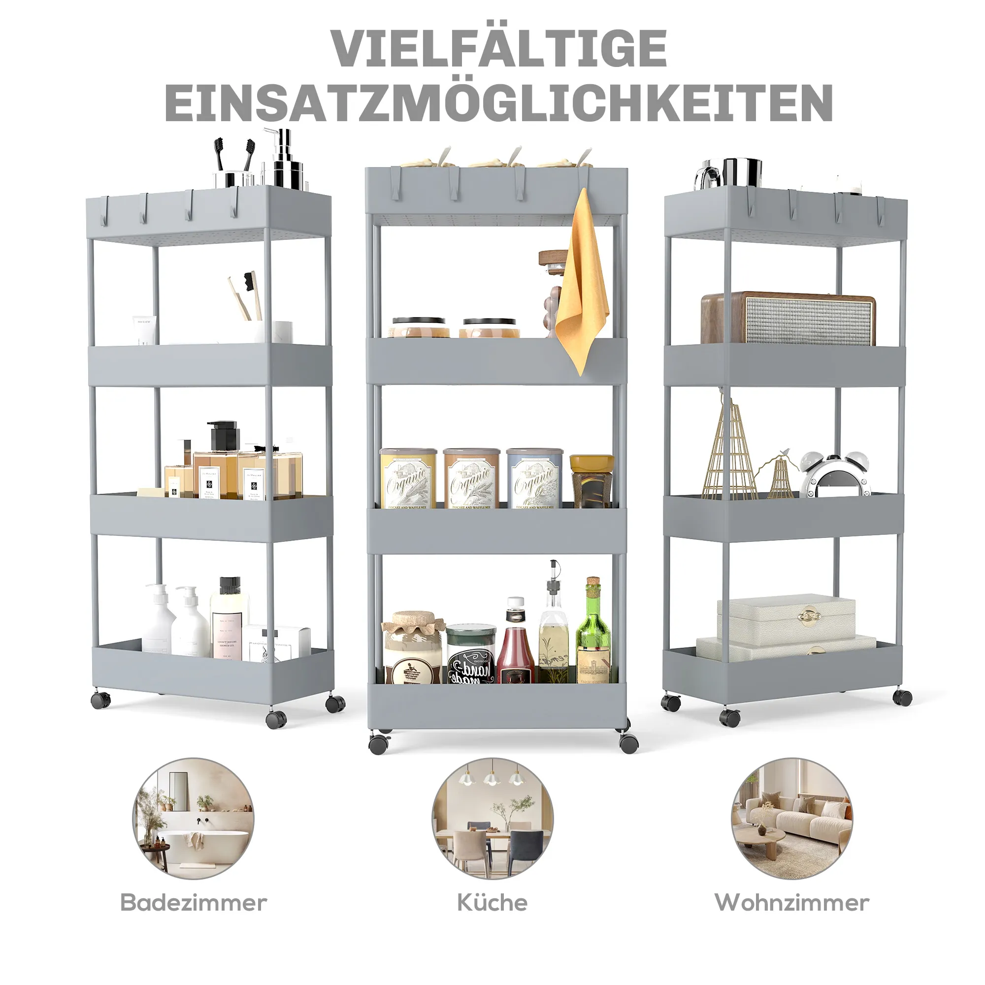 TRUUSK Rolwagen met 4 Niveaus – Opbergrek op Wielen met Remmen – Serveerwagen voor Keuken en Woonkamer – Grijs – 40 x 19 x 90 cm - Afbeelding 7