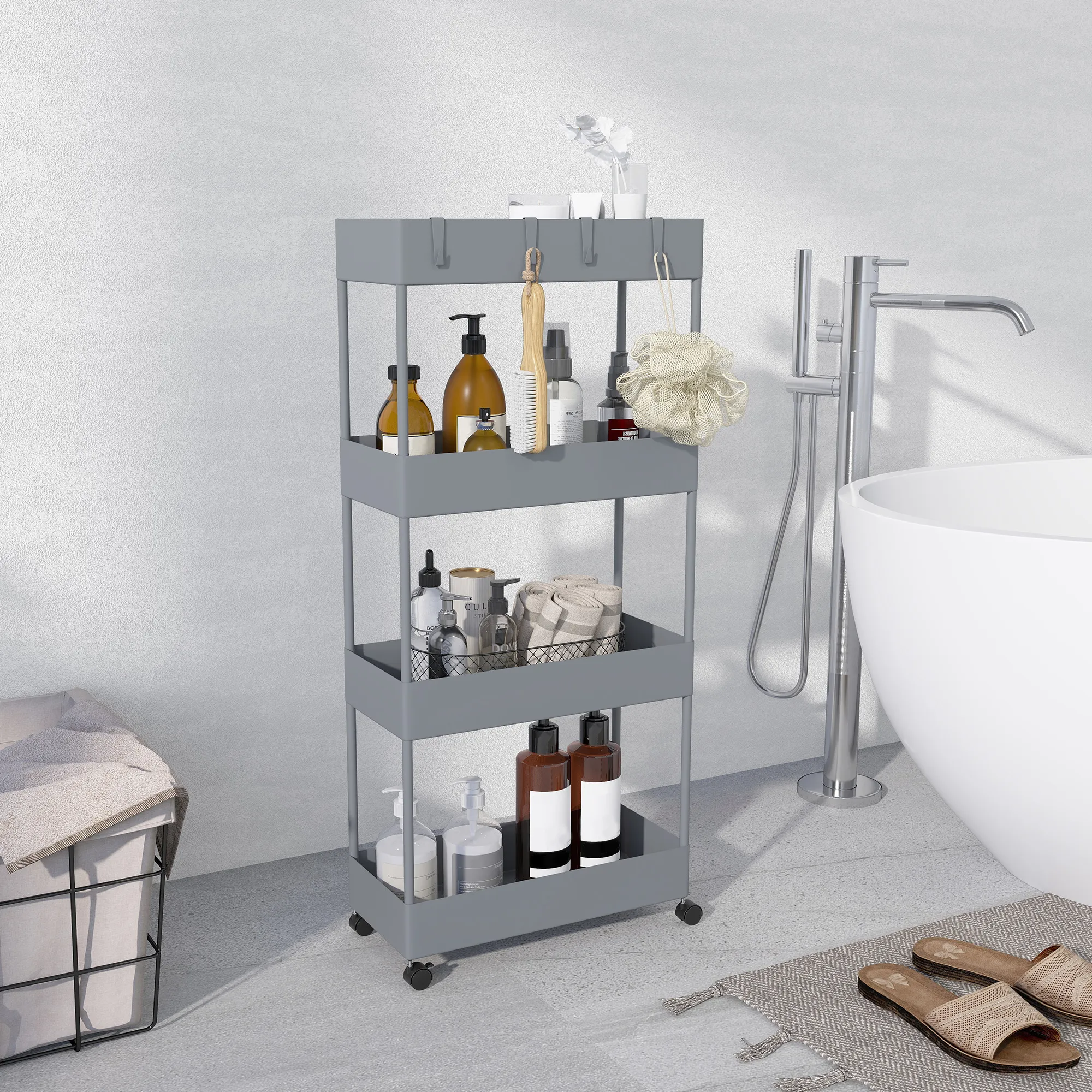 TRUUSK Rolwagen met 4 Niveaus – Opbergrek op Wielen met Remmen – Serveerwagen voor Keuken en Woonkamer – Grijs – 40 x 19 x 90 cm - Afbeelding 9