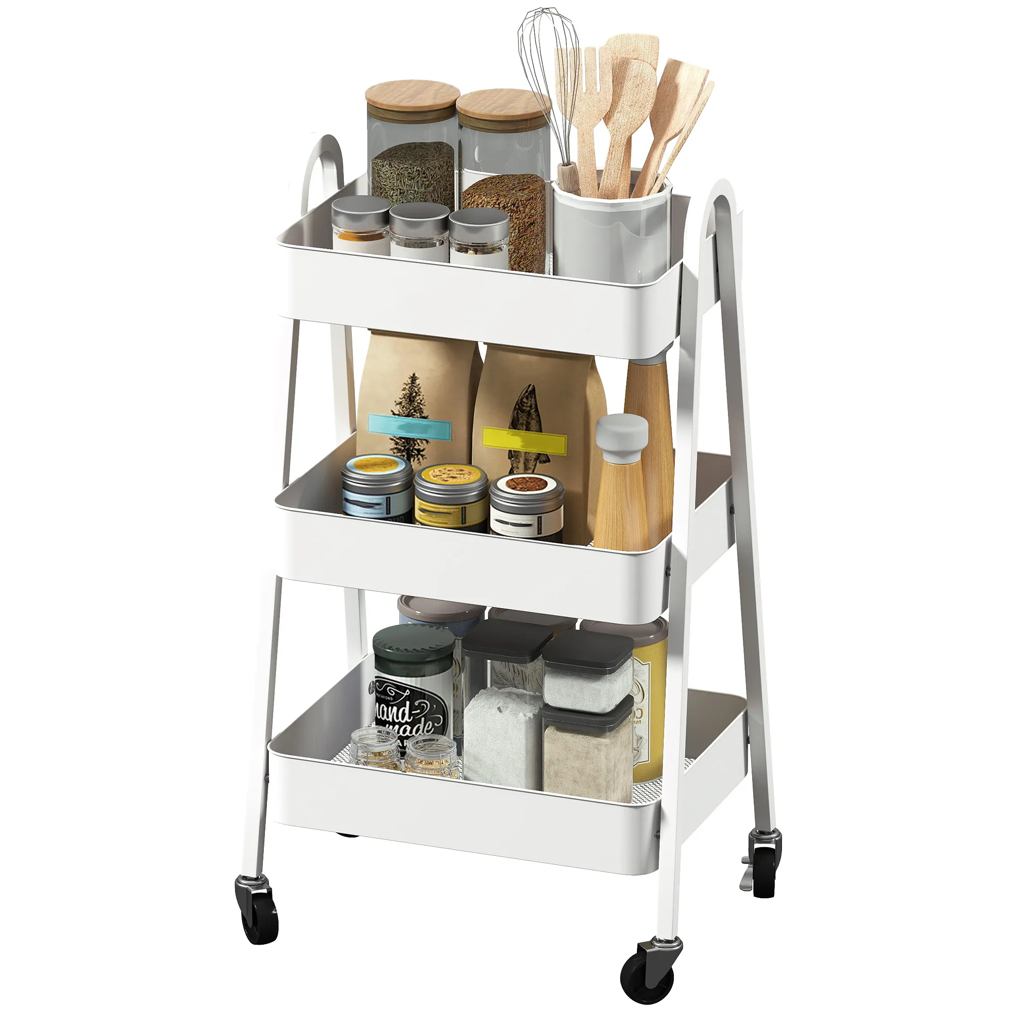 TRUUSK Serveerwagen 3 Niveaus – Keukenwagen Met Wielen en Rem – Multifunctioneel – Voor Keuken, Kantoor, Badkamer – Wit - Afbeelding 2