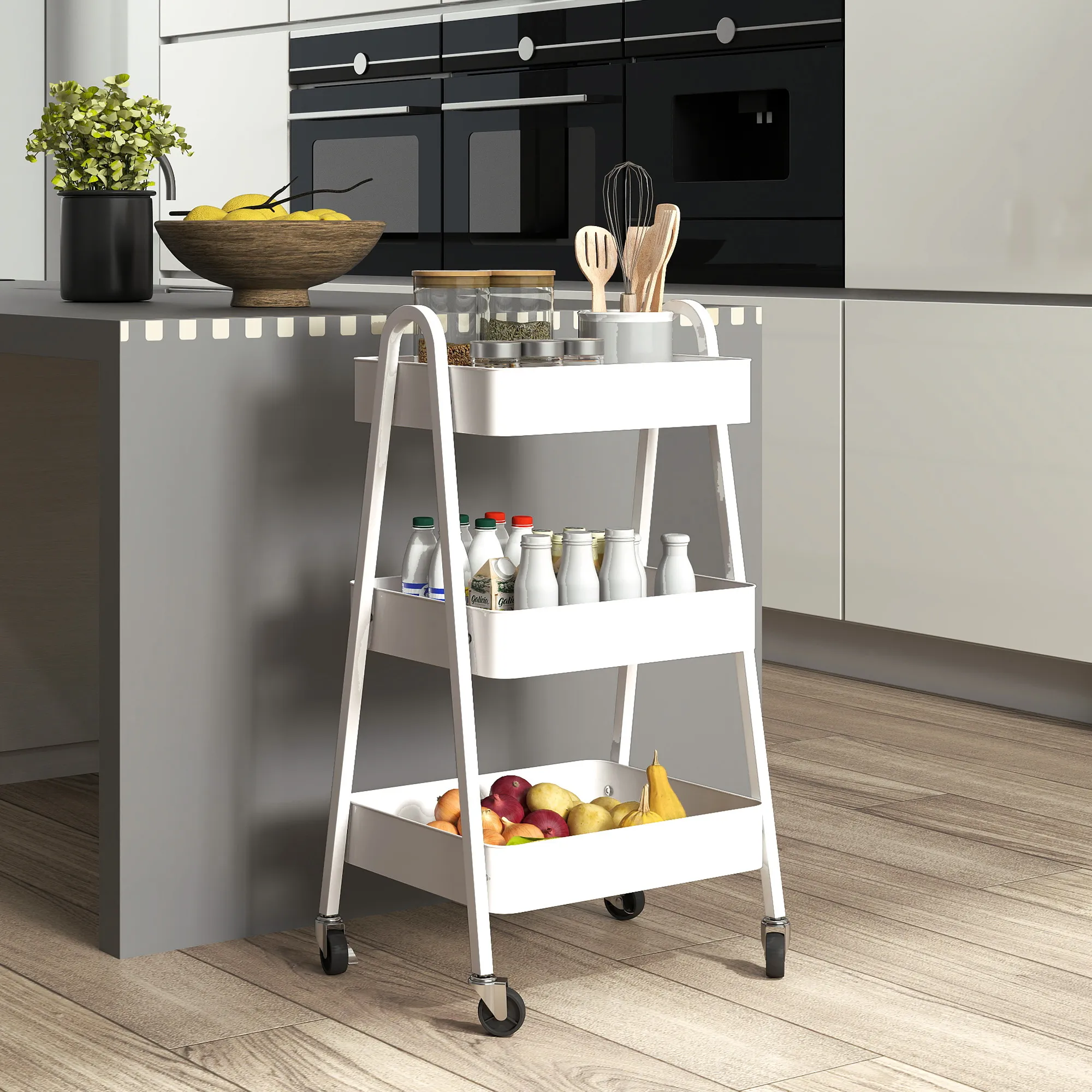 TRUUSK Serveerwagen 3 Niveaus – Keukenwagen Met Wielen en Rem – Multifunctioneel – Voor Keuken, Kantoor, Badkamer – Wit - Afbeelding 3