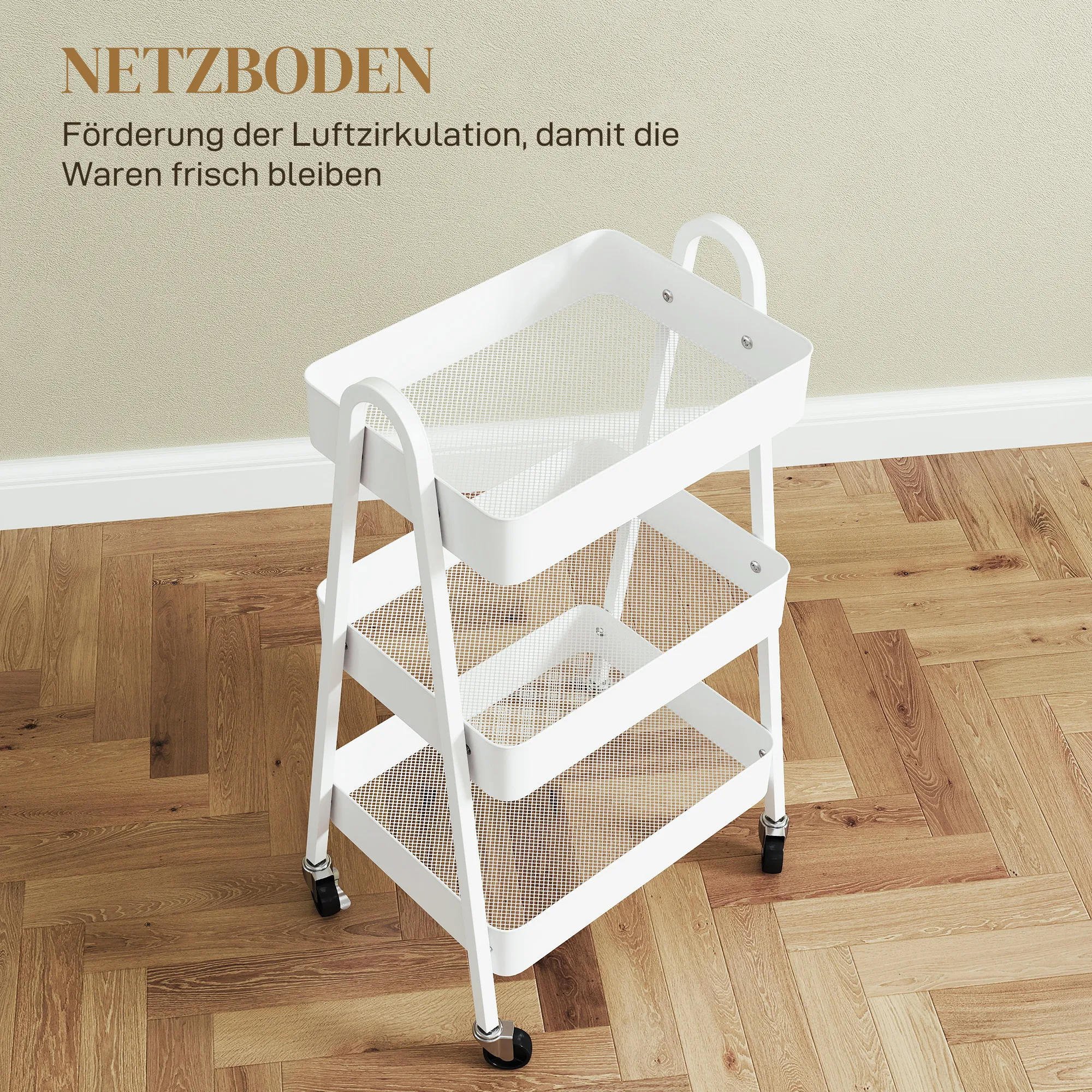 TRUUSK Serveerwagen 3 Niveaus – Keukenwagen Met Wielen en Rem – Multifunctioneel – Voor Keuken, Kantoor, Badkamer – Wit - Afbeelding 7