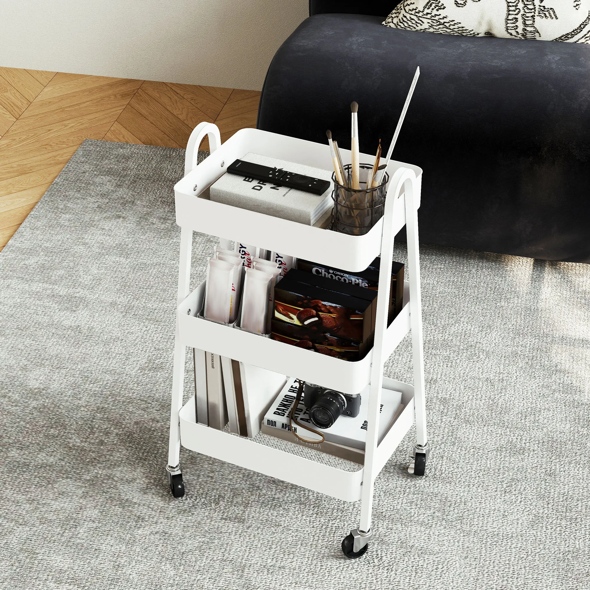 TRUUSK Serveerwagen 3 Niveaus – Keukenwagen Met Wielen en Rem – Multifunctioneel – Voor Keuken, Kantoor, Badkamer – Wit - Afbeelding 8