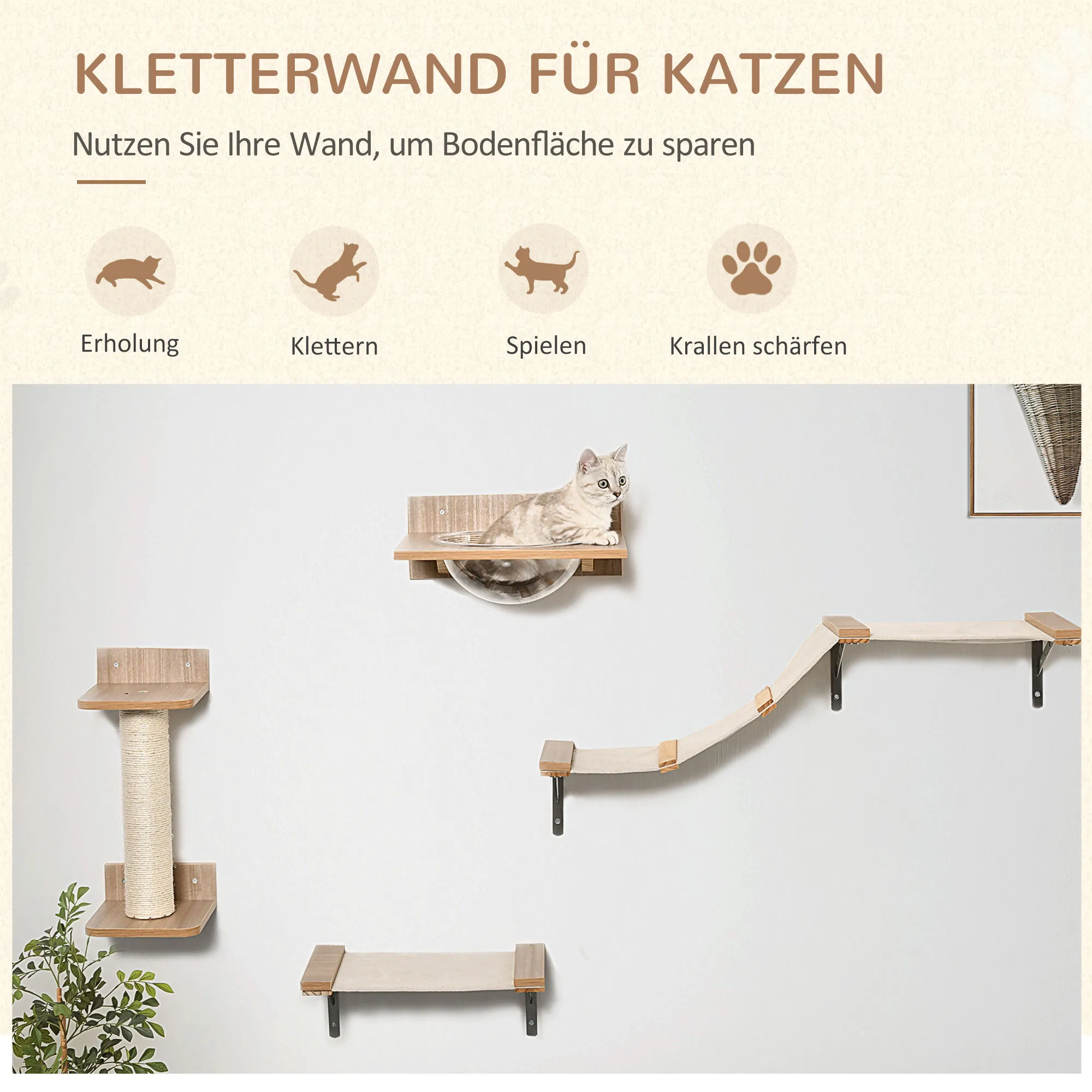 TRUUSK Set voor Katten – Krabpaal, Kattenladder & Hangmat – Lichtbruin – Sisal – Acryl – Den – Complete Kattenaccessoires - Afbeelding 5
