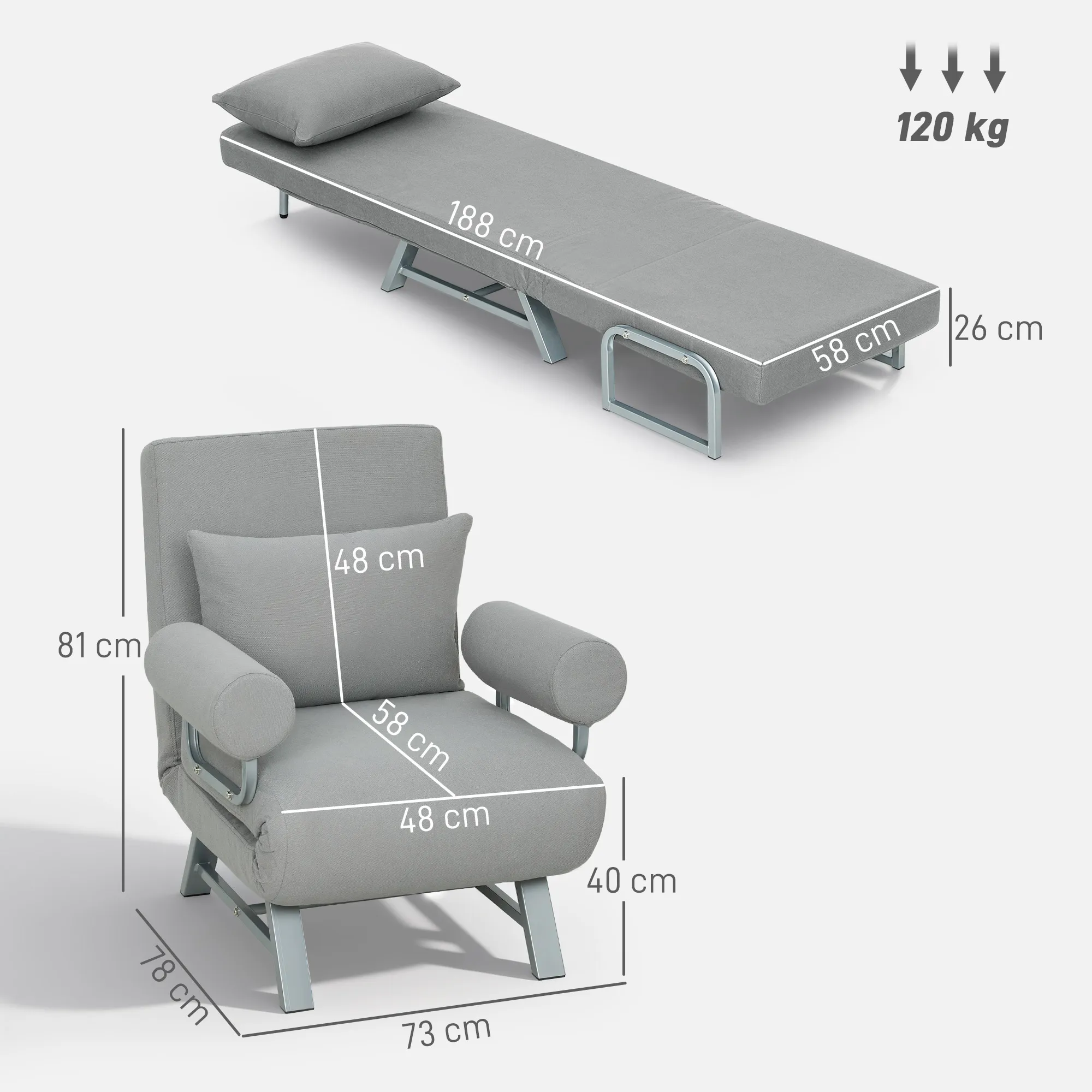 Slaapstoel, Gestoffeerde Stoel, Om Te Zetten Naar Gastenbed, Ergonomisch, Lichtgrijs - Afbeelding 4