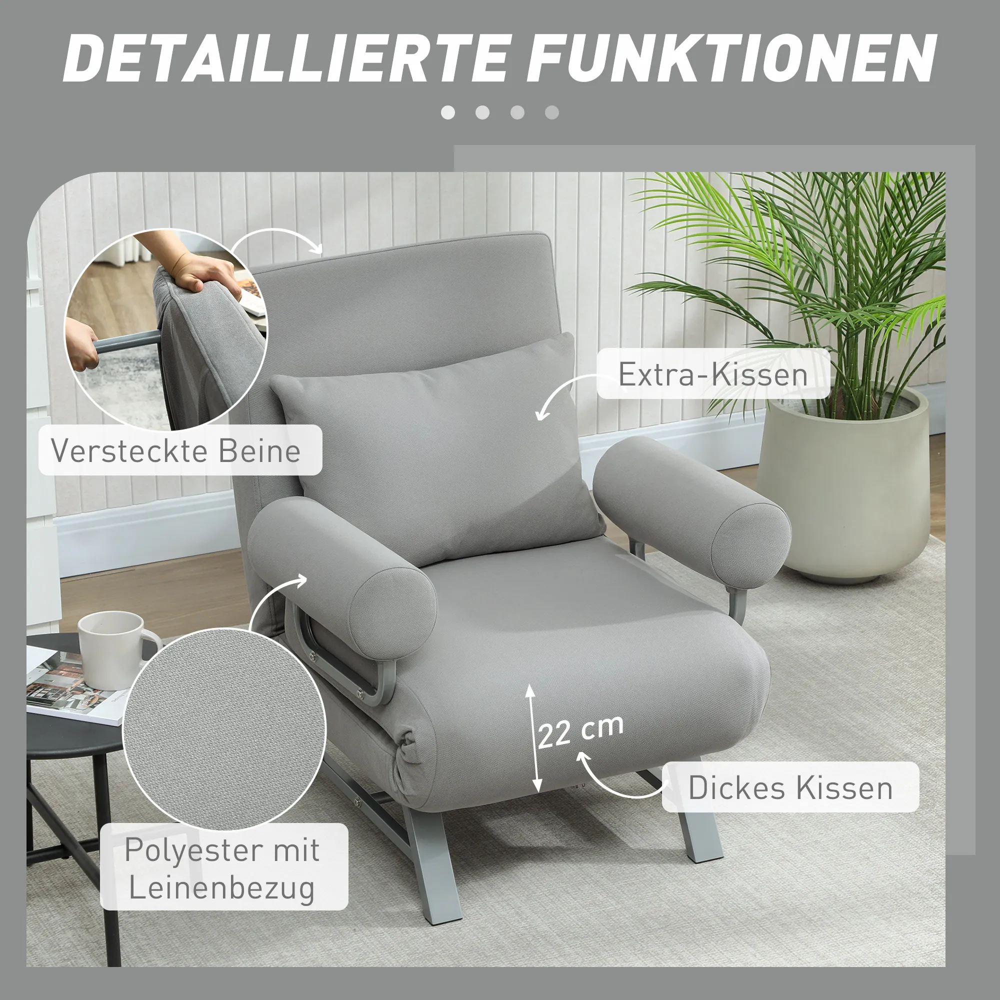 Slaapstoel, Gestoffeerde Stoel, Om Te Zetten Naar Gastenbed, Ergonomisch, Lichtgrijs - Afbeelding 7