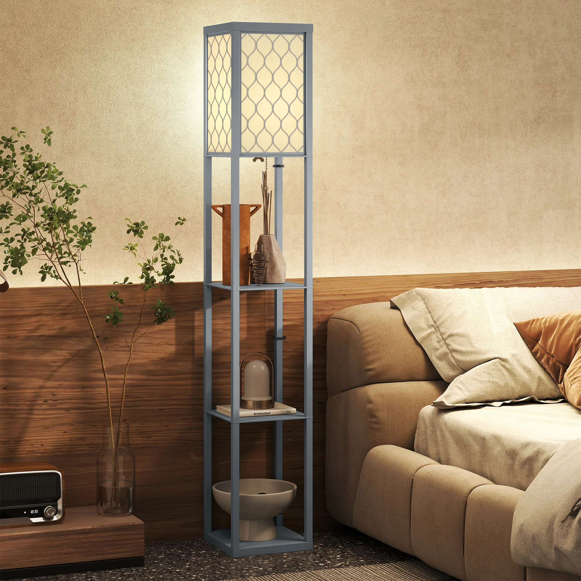 TRUUSK Staande Lamp Met Plank – 3 Vakken – Compacte Afmetingen – MDF – Lichtgrijs - Afbeelding 3