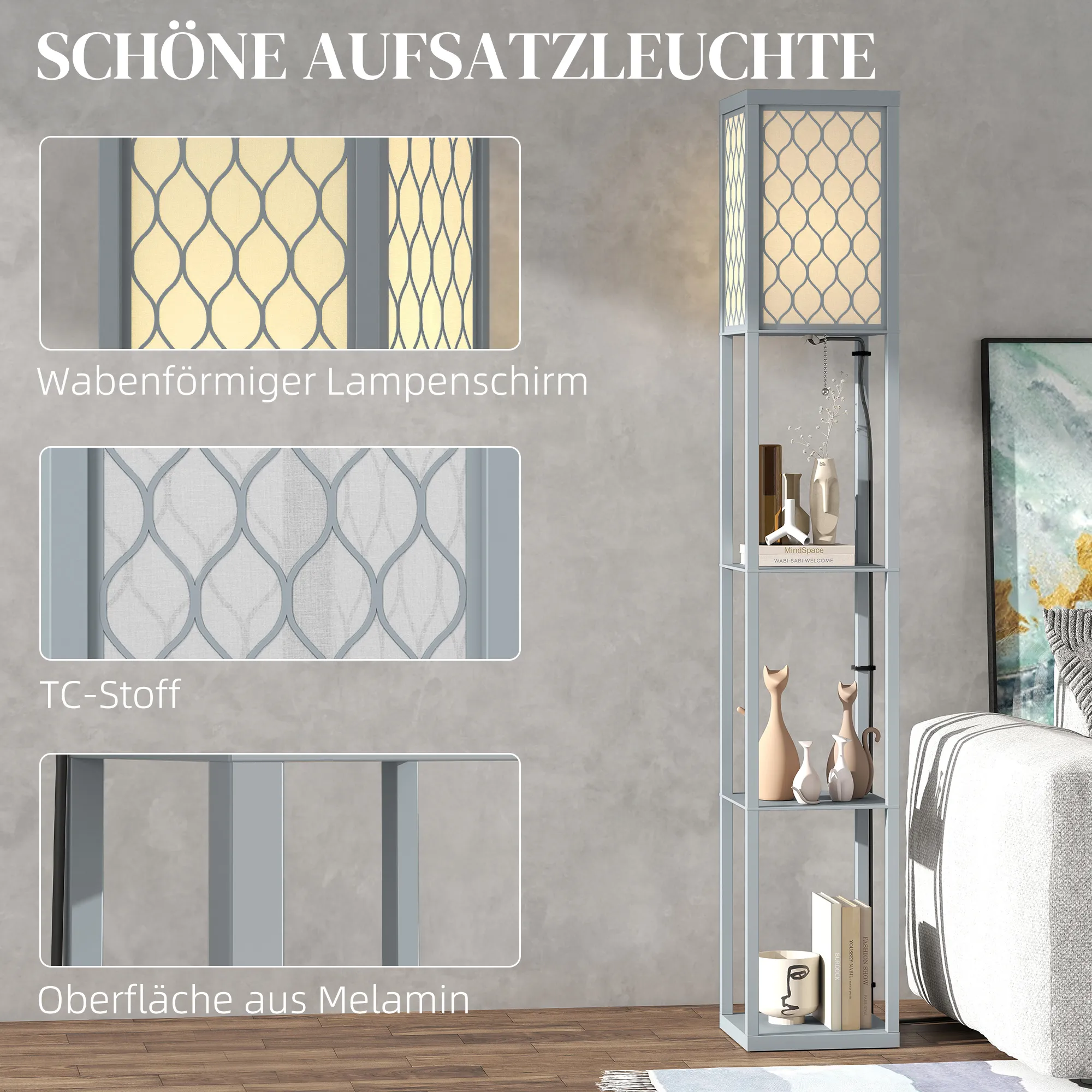 TRUUSK Staande Lamp Met Plank – 3 Vakken – Compacte Afmetingen – MDF – Lichtgrijs - Afbeelding 5