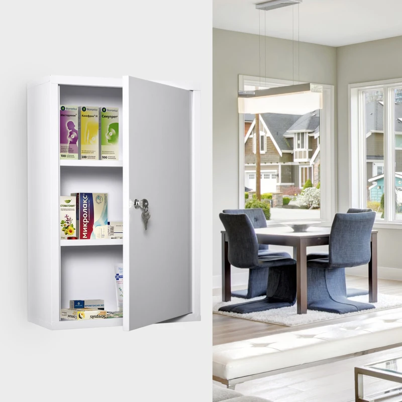TRUUSK Medicijnkastje Met Slot – 3 Vaks Staal Wit – 40 x 18 x 60 cm – EHBO-kastje – Voorraadkastje voor Medicijnen - Afbeelding 3