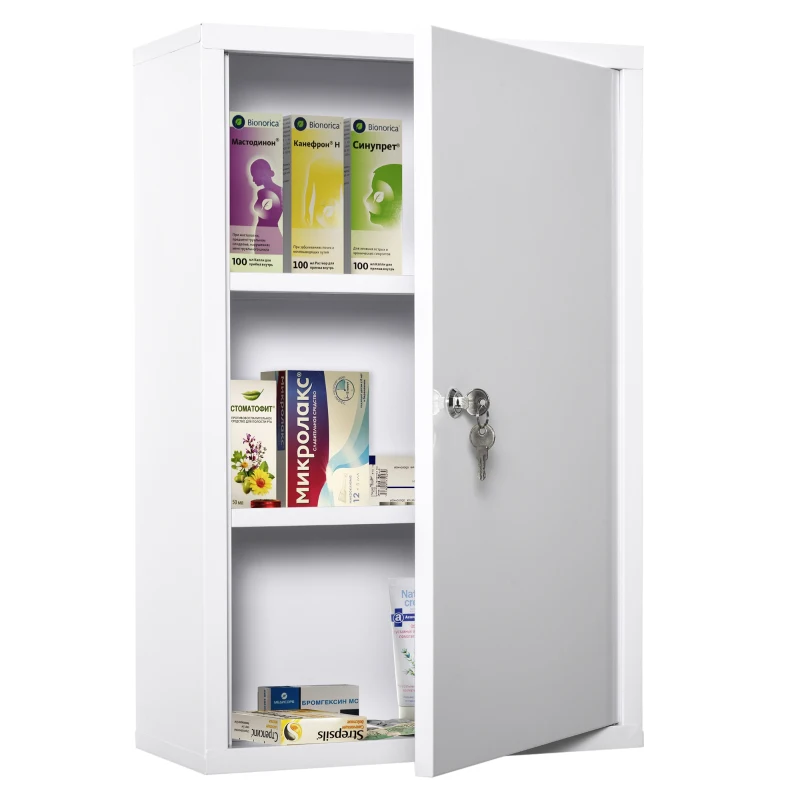 TRUUSK Medicijnkastje Met Slot – 3 Vaks Staal Wit – 40 x 18 x 60 cm – EHBO-kastje – Voorraadkastje voor Medicijnen - Afbeelding 2