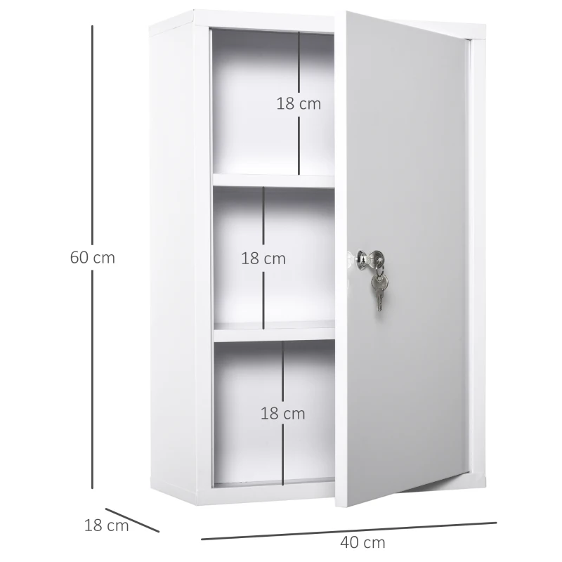 TRUUSK Medicijnkastje Met Slot – 3 Vaks Staal Wit – 40 x 18 x 60 cm – EHBO-kastje – Voorraadkastje voor Medicijnen - Afbeelding 4