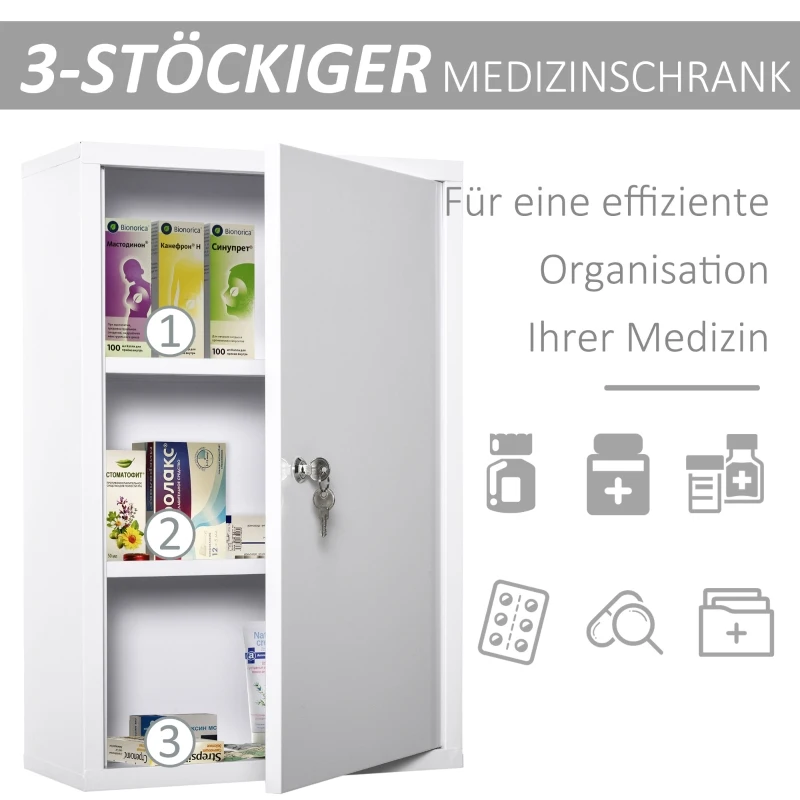 TRUUSK Medicijnkastje Met Slot – 3 Vaks Staal Wit – 40 x 18 x 60 cm – EHBO-kastje – Voorraadkastje voor Medicijnen - Afbeelding 6