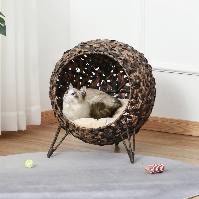 TRUUSK Rotan Kattenhuis – Met Kussen en Verhoogde Voeten – Kattenslaapplaats – Kattengrot – Bruin – Ø52 x 58 cm - Afbeelding 3