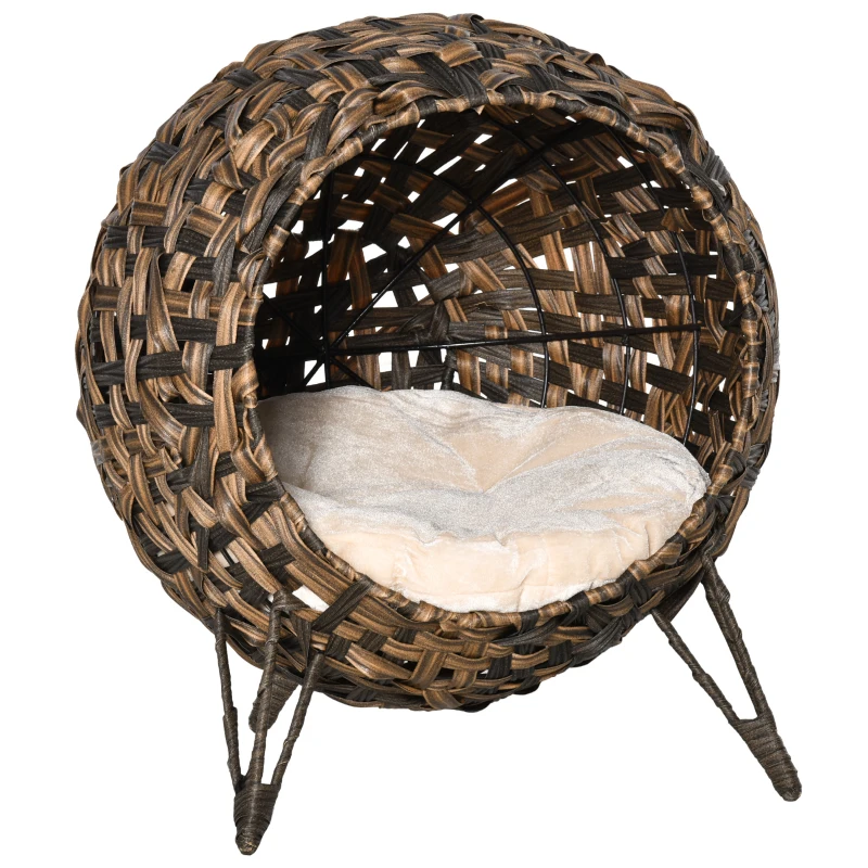 TRUUSK Rotan Kattenhuis – Met Kussen en Verhoogde Voeten – Kattenslaapplaats – Kattengrot – Bruin – Ø52 x 58 cm - Afbeelding 2