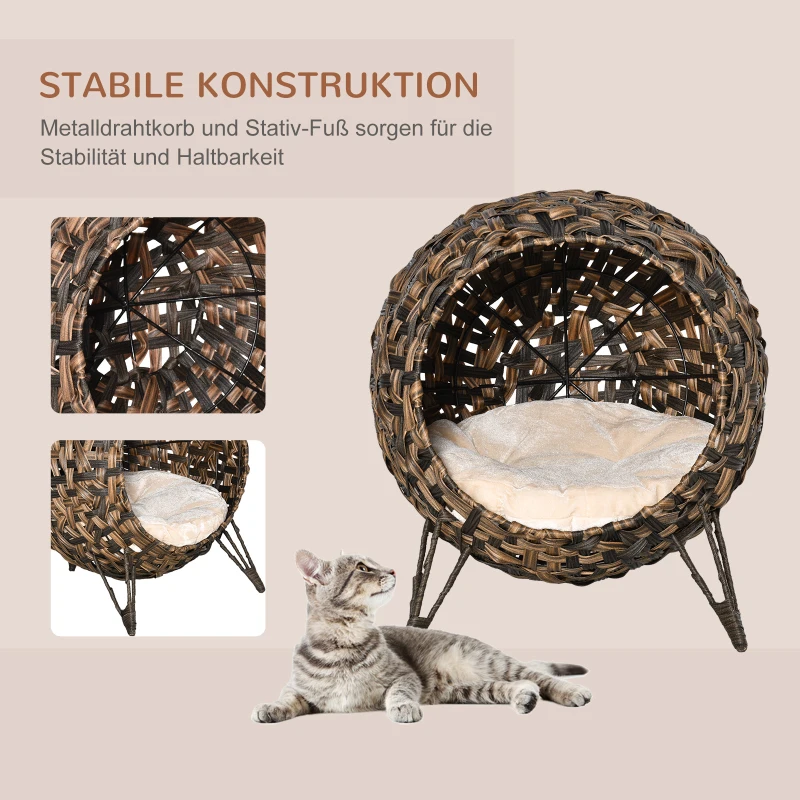 TRUUSK Rotan Kattenhuis – Met Kussen en Verhoogde Voeten – Kattenslaapplaats – Kattengrot – Bruin – Ø52 x 58 cm - Afbeelding 5