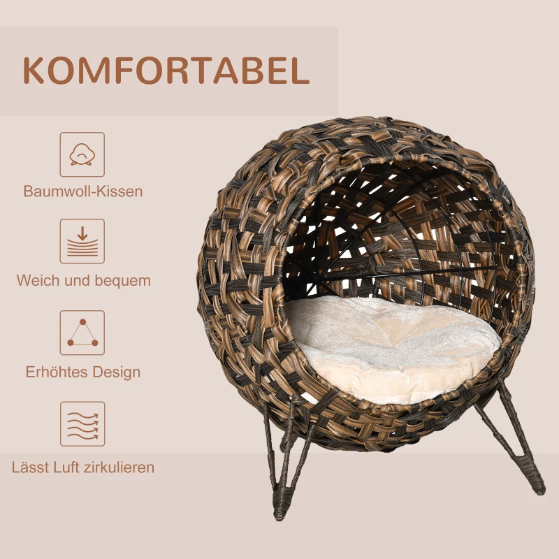 TRUUSK Rotan Kattenhuis – Met Kussen en Verhoogde Voeten – Kattenslaapplaats – Kattengrot – Bruin – Ø52 x 58 cm - Afbeelding 6