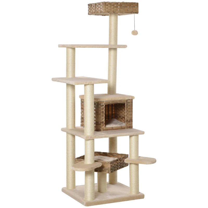 TRUUSK Rotan Krabpaal – Kattengrot – Meertraps Klimboom – E1 MDF Sisal – Beige/Bruin – 55 x 55 x 174 cm - Afbeelding 2