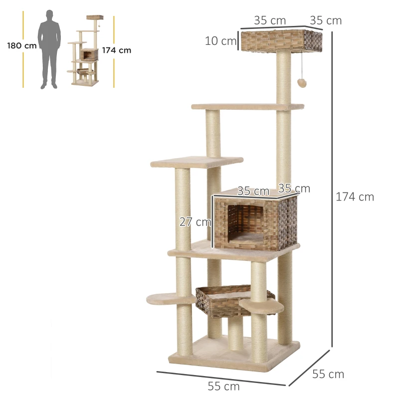 TRUUSK Rotan Krabpaal – Kattengrot – Meertraps Klimboom – E1 MDF Sisal – Beige/Bruin – 55 x 55 x 174 cm - Afbeelding 4