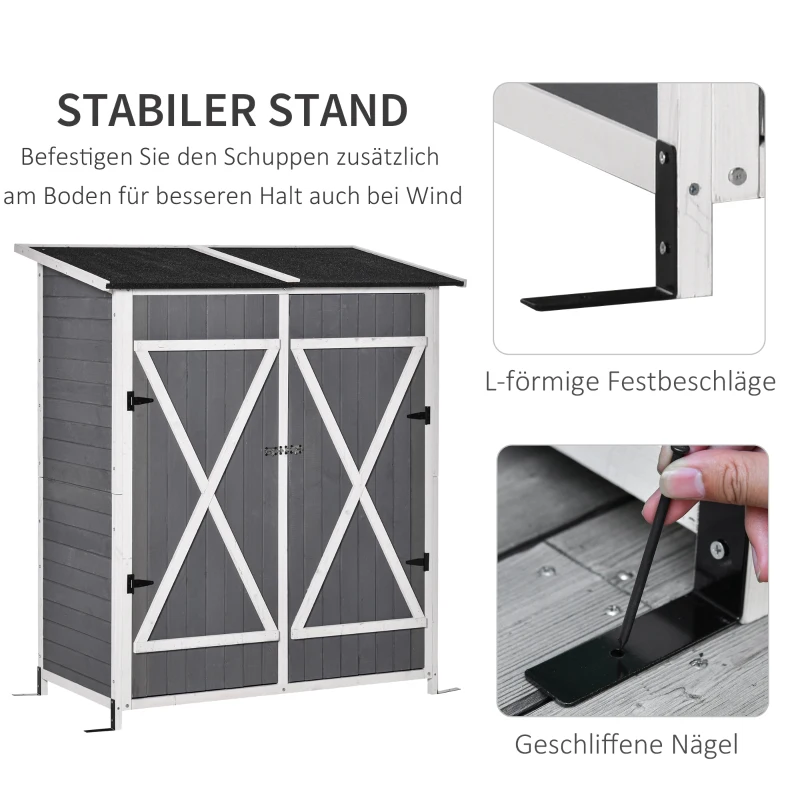 Tuinkast Gereedschapsschuur Met 2 Deuren Gereedschapskast Met Asfaltdak Tuinopbergkast Anti-kiep Design Met Grondspijkers Vurenhout Grijs + Wit 139 X 75 X 160 Cm - Afbeelding 5
