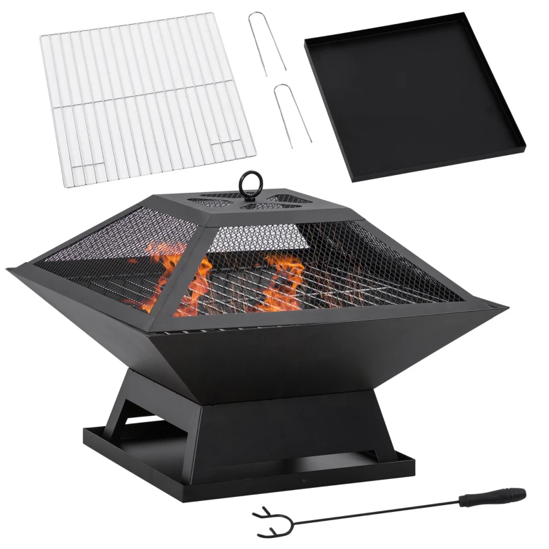 TRUUSK Vuurschaal Met Vonkenbescherming – Grillrooster en Poker – Vuurkorf voor Tuin en Camping – BBQ Accessoire – Staal – Zwart - Afbeelding 2