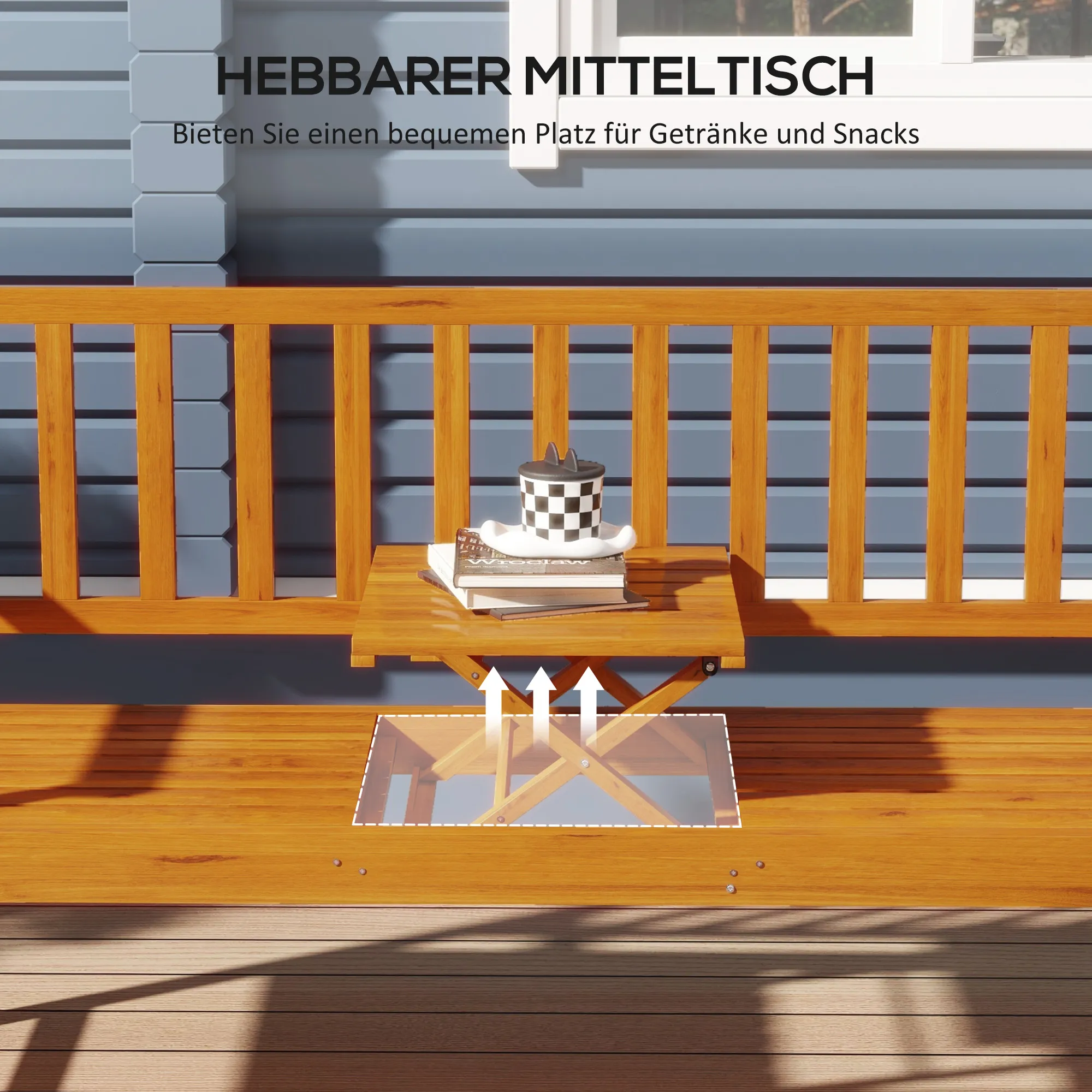 Tuinbank 3-zits Bank Tafel Armleuning Houten Bank Tot 280kg Balkon Terras Lichtbruin 153x56x91cm - Afbeelding 5