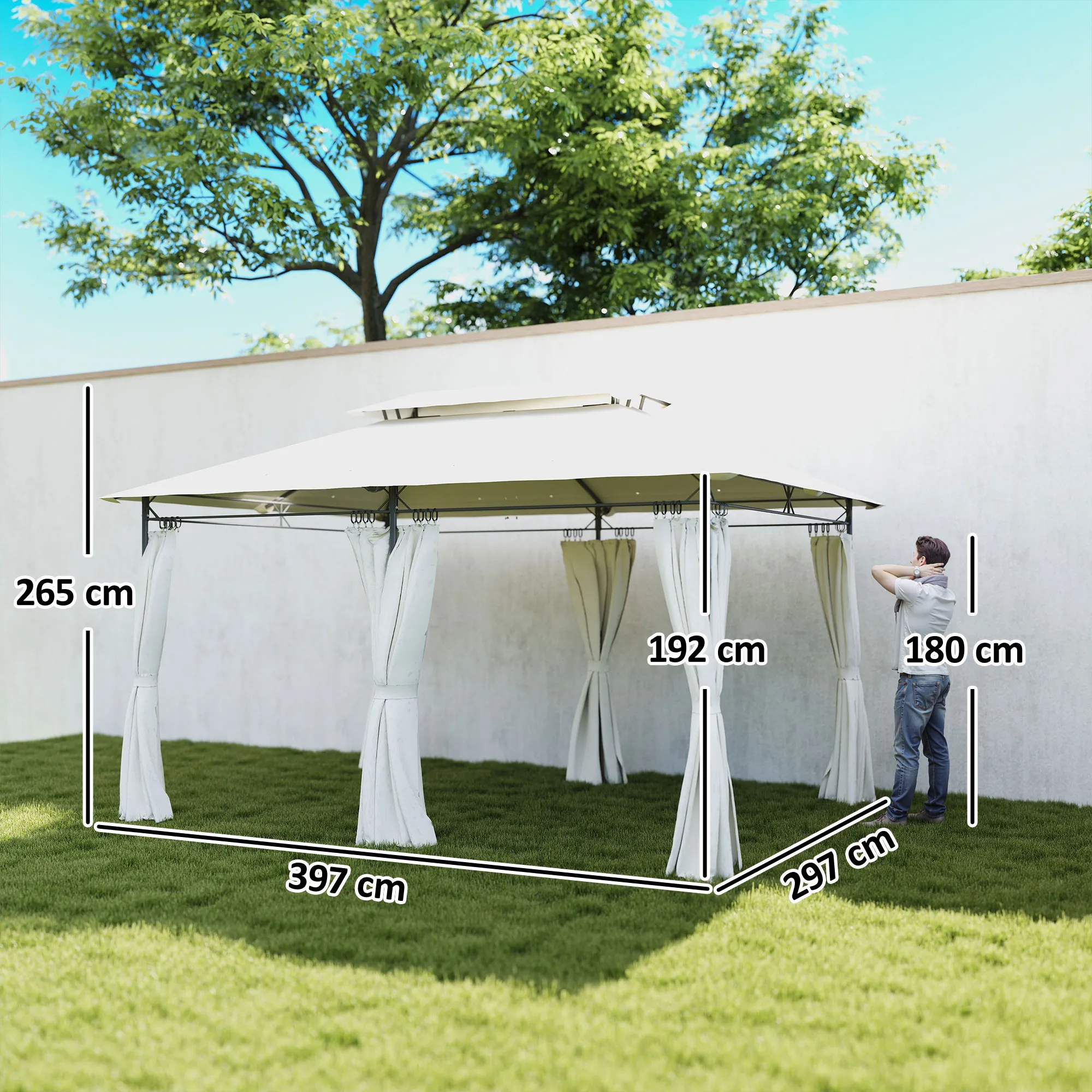 Tuinpaviljoen Met Dubbel Dak, 6 Zijkanten, Waterafstotend, Voor Tuin Terras, 4×3 M, Crèmewit - Afbeelding 4