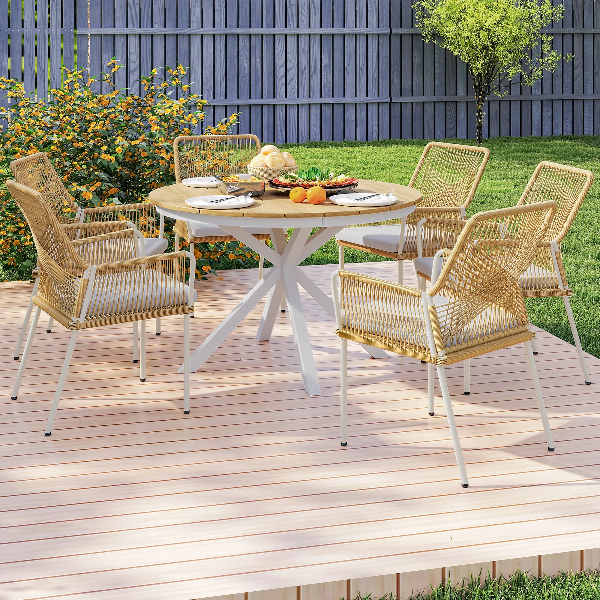 Tuintafel Ø118cm, Weerbestendige Balkontafel Van Aluminium, Bijzettafel Met Kruispoot Lattendesign Eettafel Buiten, Campingtafel, Ronde Terrastafel Voor Tuin Balkon Teak - Afbeelding 9