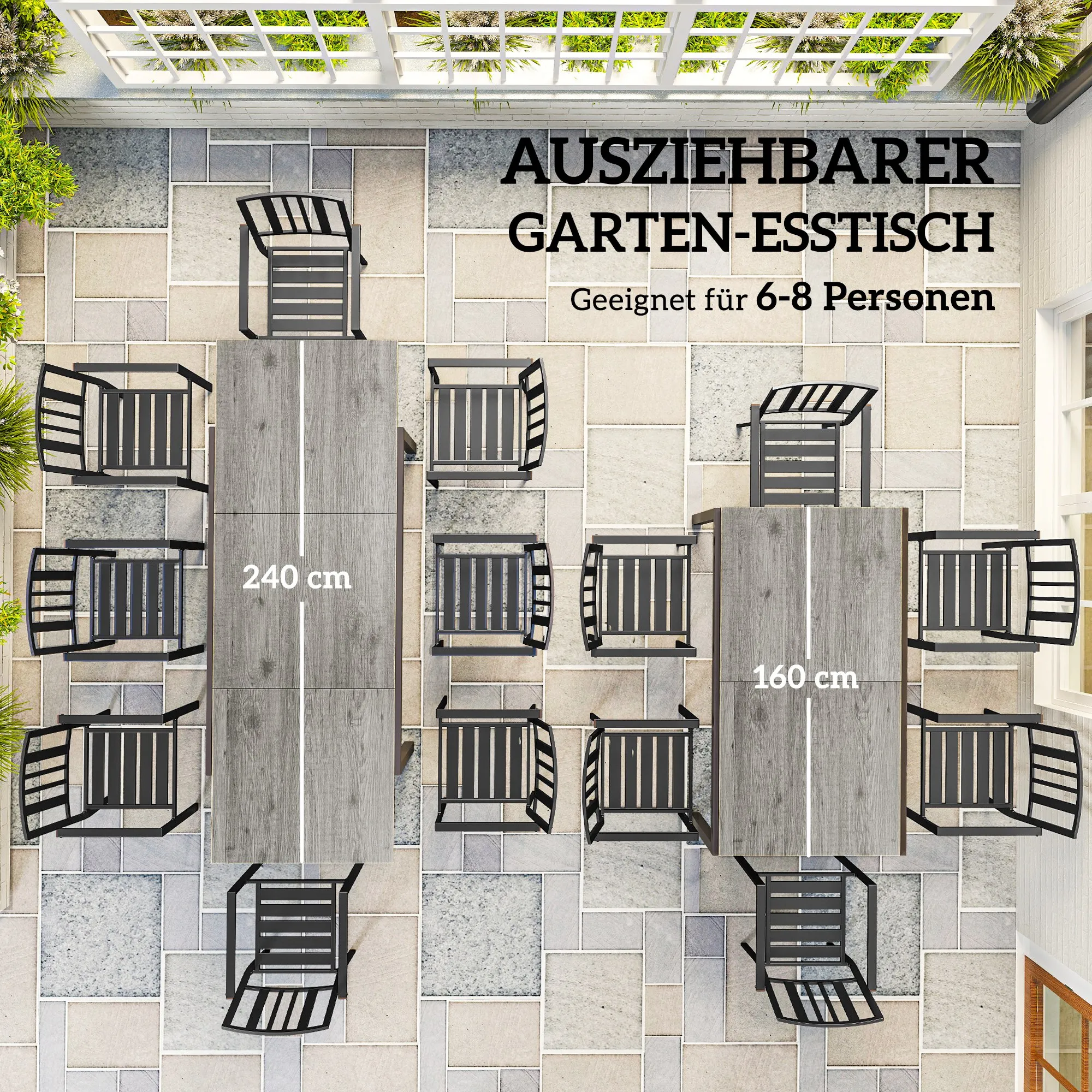 Uitschuifbare Eettafel Voor 6-8 Personen, 160/240 X 90cm Aluminium Balkontafel Met Houtlook Weerbestendig Terrastafel Outdoor Buffettafel Voor Tuin, Terras Balkon Grijs - Afbeelding 5