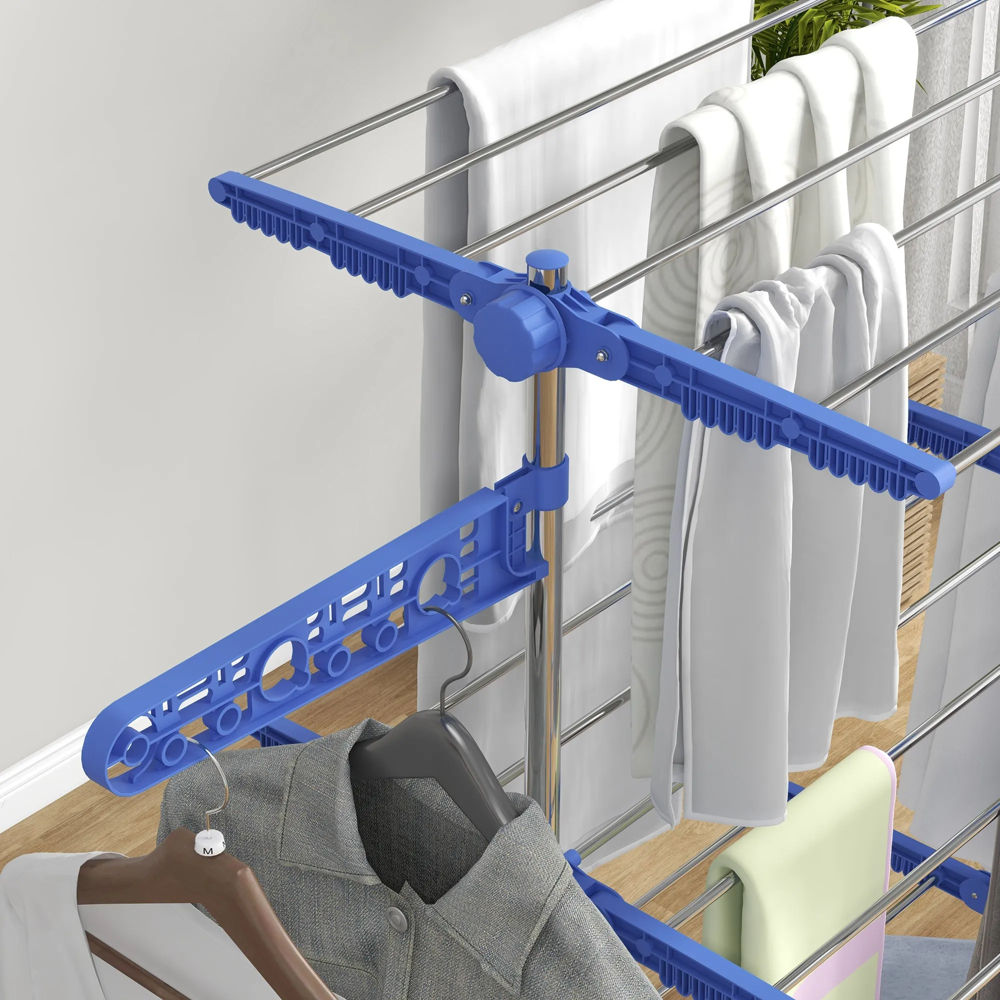 TRUUSK Wasdroger Toren met Rollen – 3 Niveaus – Opvouwbaar – Zijvleugels – Staal – Blauw - Afbeelding 9