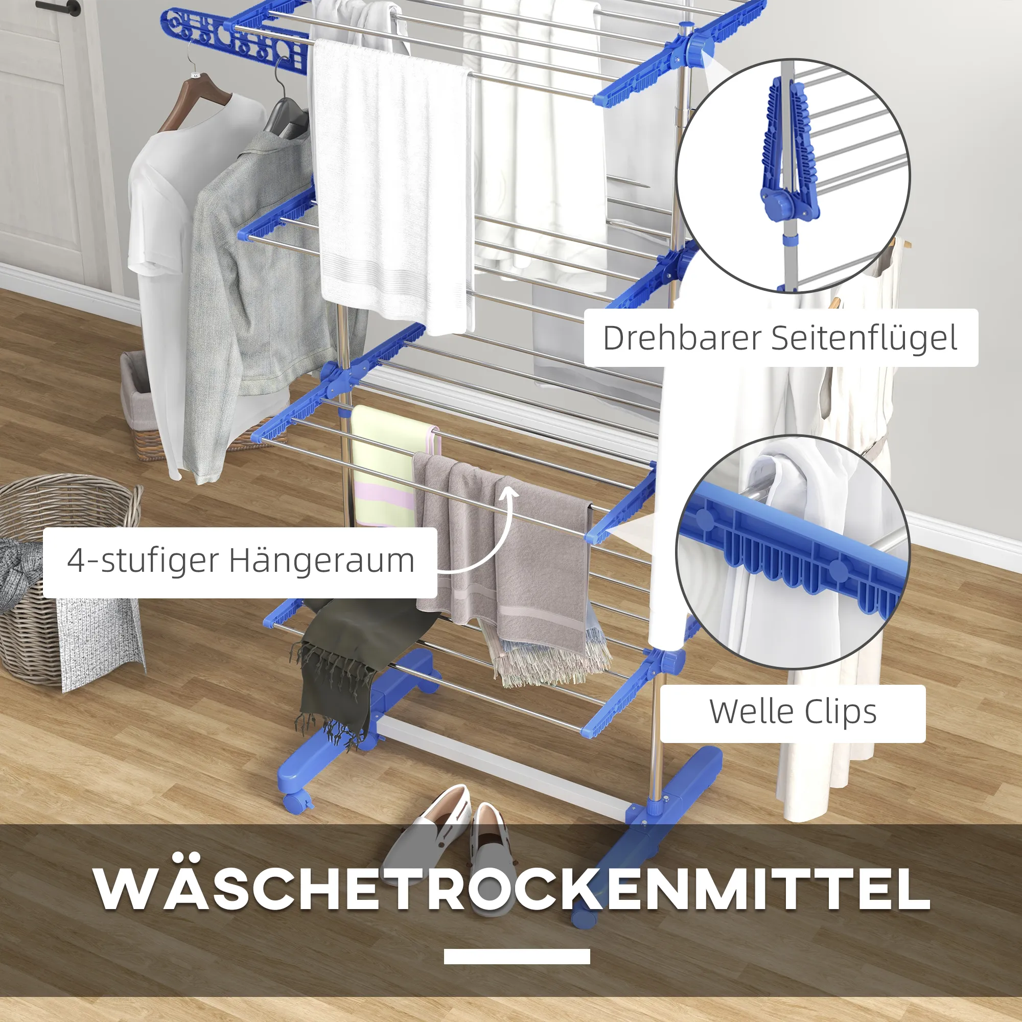 TRUUSK Wasrek met Wielen – Opvouwbaar – 2 Niveaus – Stalen Staande Droger – Blauw – Ruimtebesparend – Voor Sneldrogend Wasgoed - Afbeelding 6