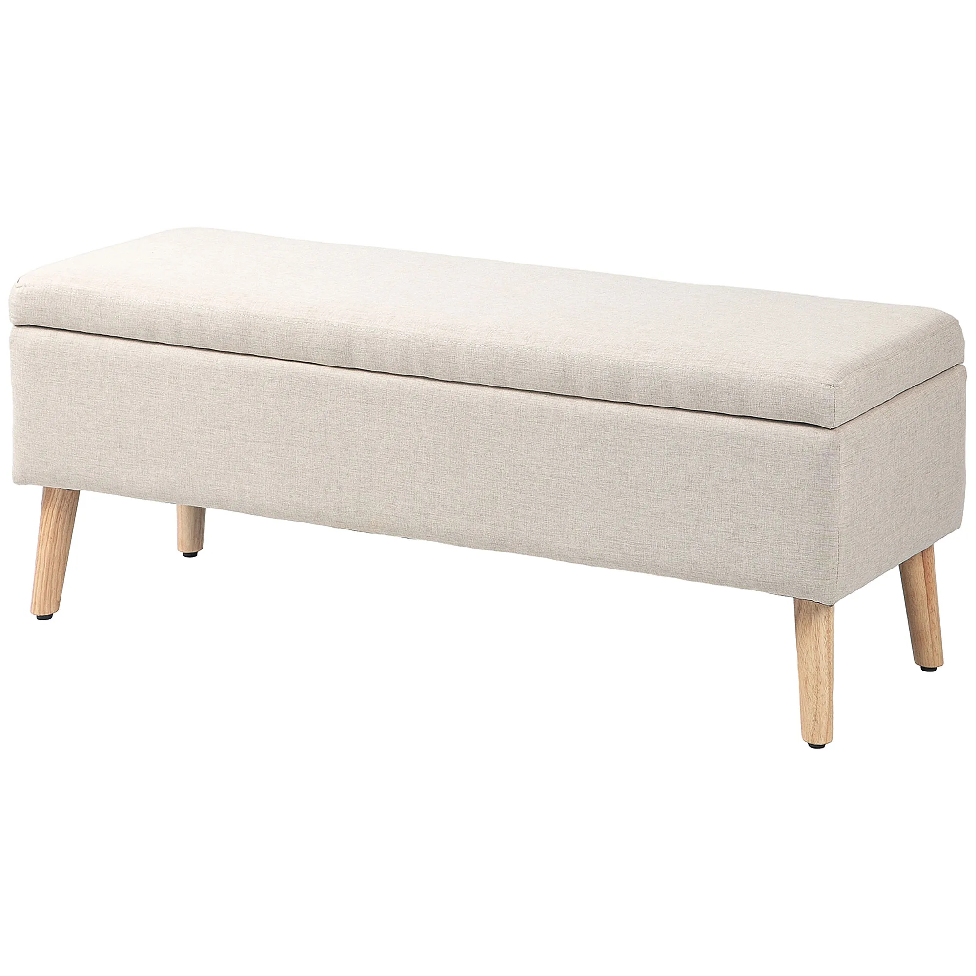 TRUUSK Gestoffeerde Zitbank met Opbergruimte – 110 x 39 x 45 cm – Beige Linnenlook – Rubberhout – Voor Hal, Slaapkamer, Woonkamer
