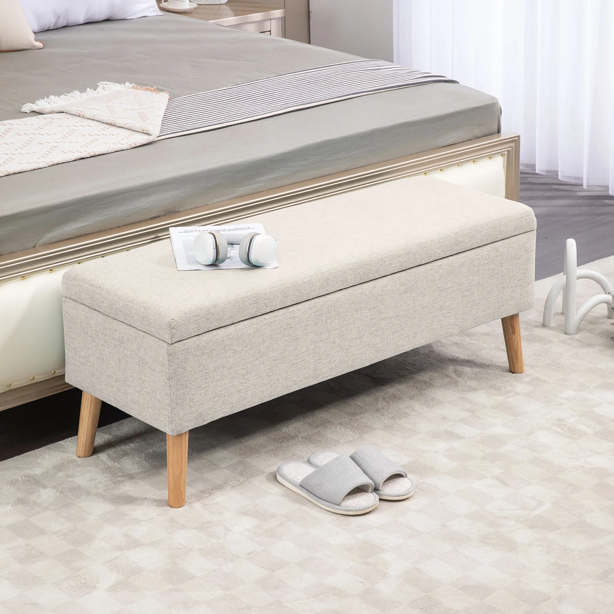 TRUUSK Gestoffeerde Zitbank met Opbergruimte – 110 x 39 x 45 cm – Beige Linnenlook – Rubberhout – Voor Hal, Slaapkamer, Woonkamer - Afbeelding 3