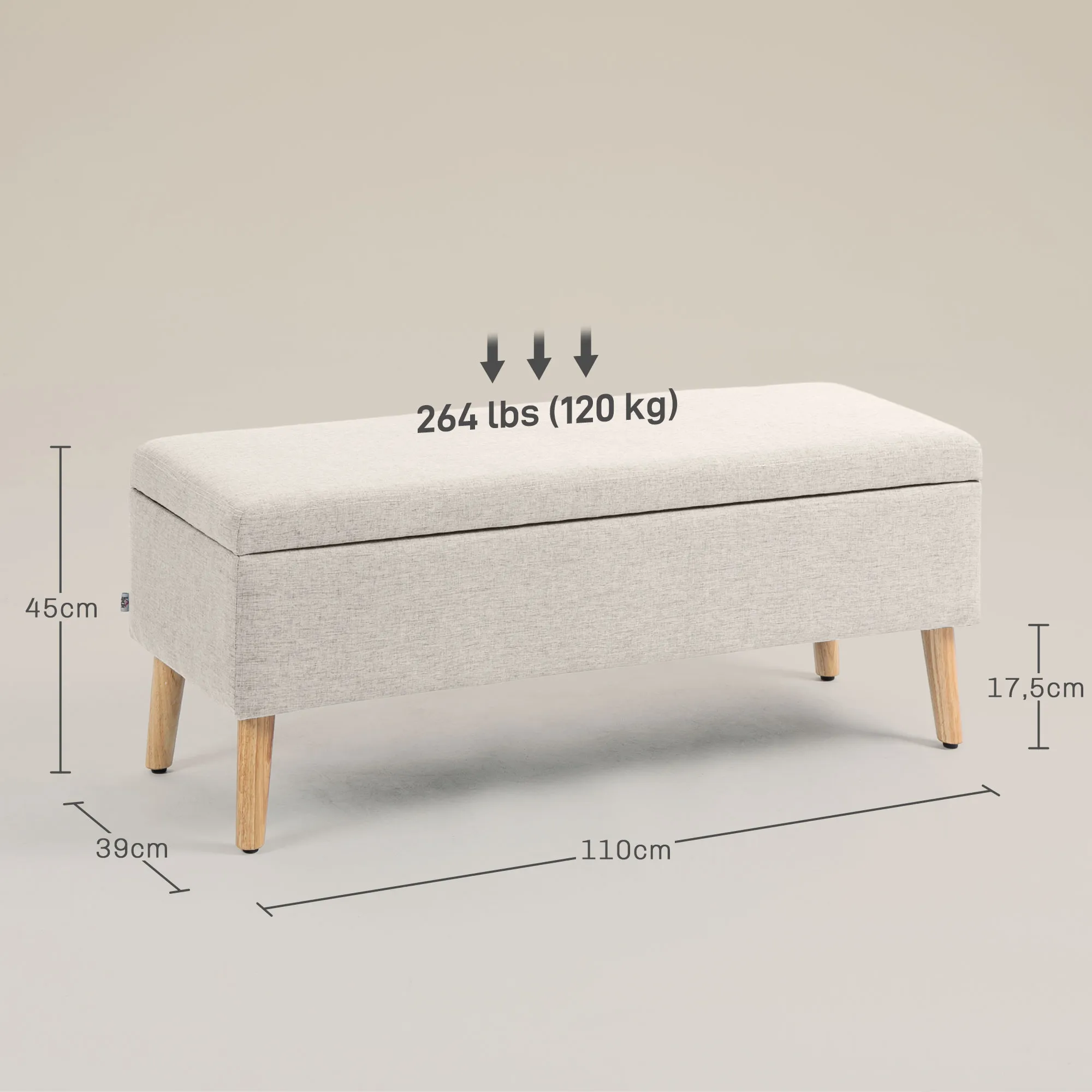 TRUUSK Gestoffeerde Zitbank met Opbergruimte – 110 x 39 x 45 cm – Beige Linnenlook – Rubberhout – Voor Hal, Slaapkamer, Woonkamer - Afbeelding 4