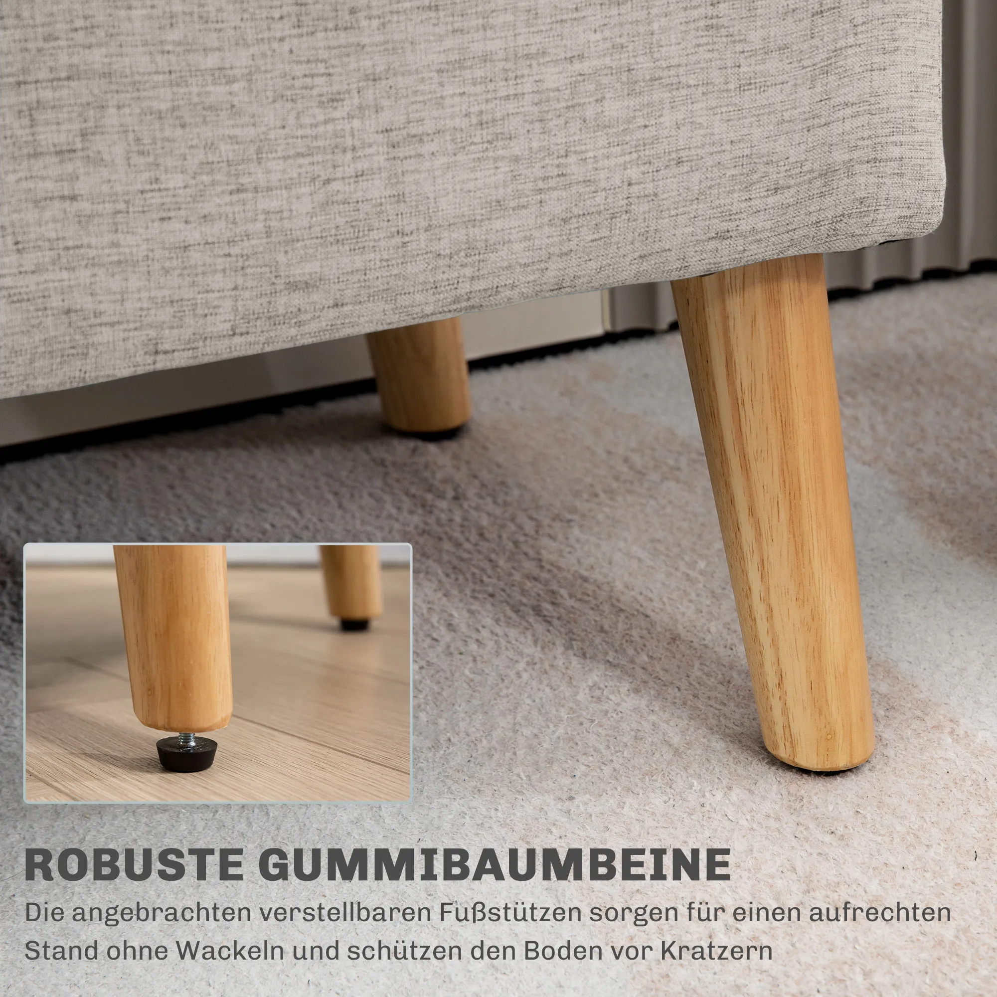TRUUSK Gestoffeerde Zitbank met Opbergruimte – 110 x 39 x 45 cm – Beige Linnenlook – Rubberhout – Voor Hal, Slaapkamer, Woonkamer - Afbeelding 6