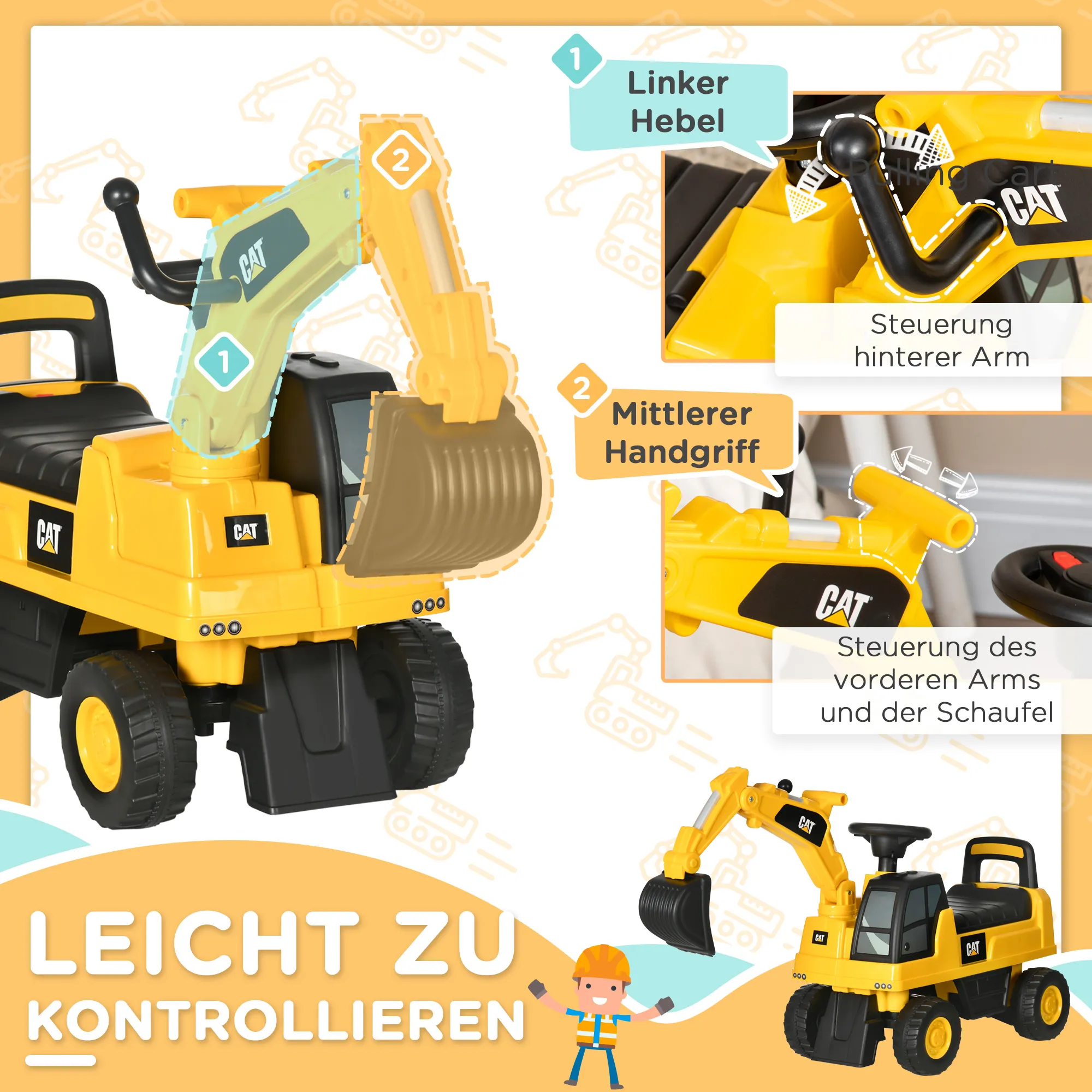 TRUUSK Glijdend Zitgraafmachine Voertuig – Met Schop en Hoorn – Voor Kinderen vanaf 12 Maanden – Geel en Zwart – Afmetingen - Afbeelding 6