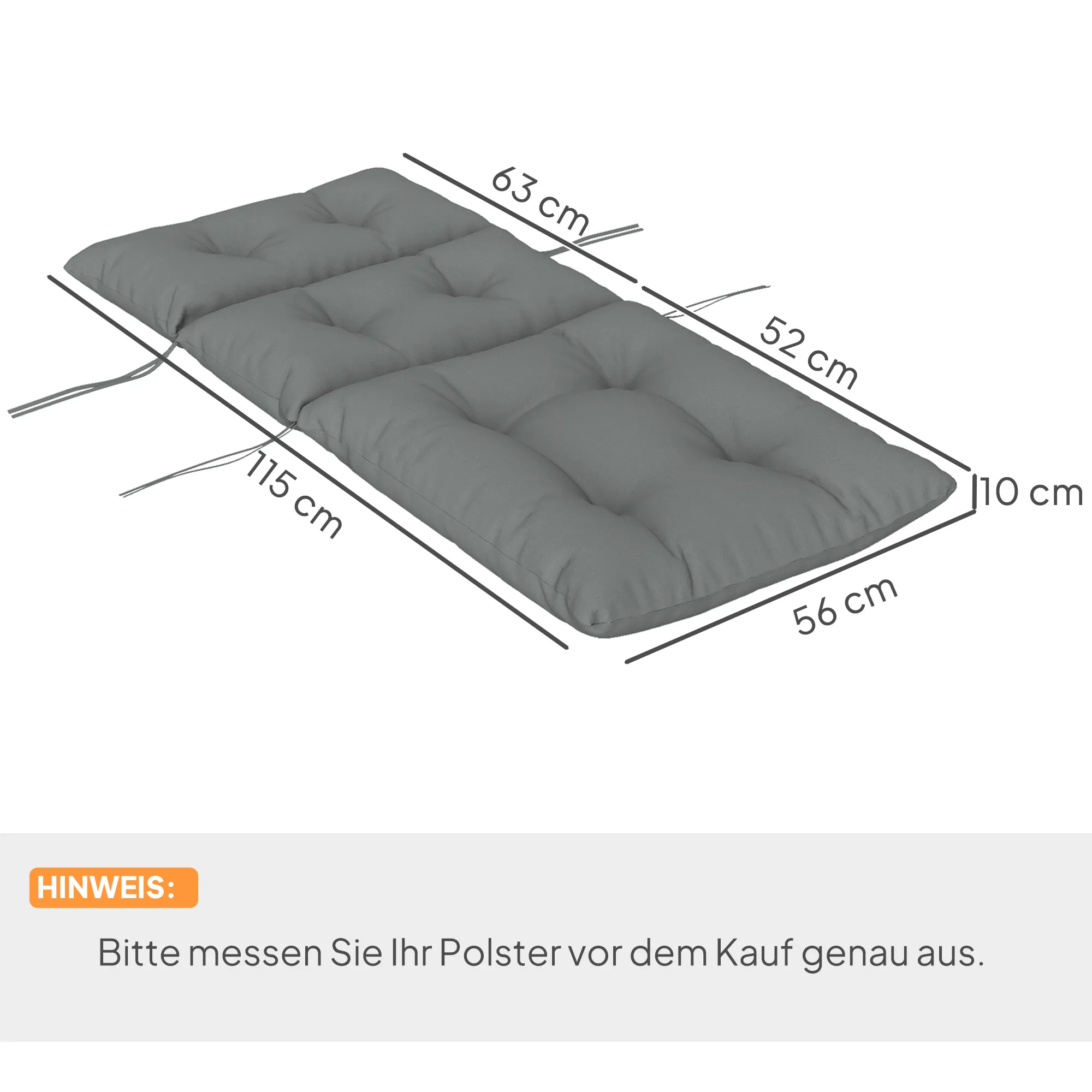 TRUUSK Zitkussen 115×56 cm – Met Bindbanden – Rugleuning – 10cm Dik – Waterafstotend – Voor Huis, Tuin, Kantoor – Lichtgrijs - Afbeelding 4